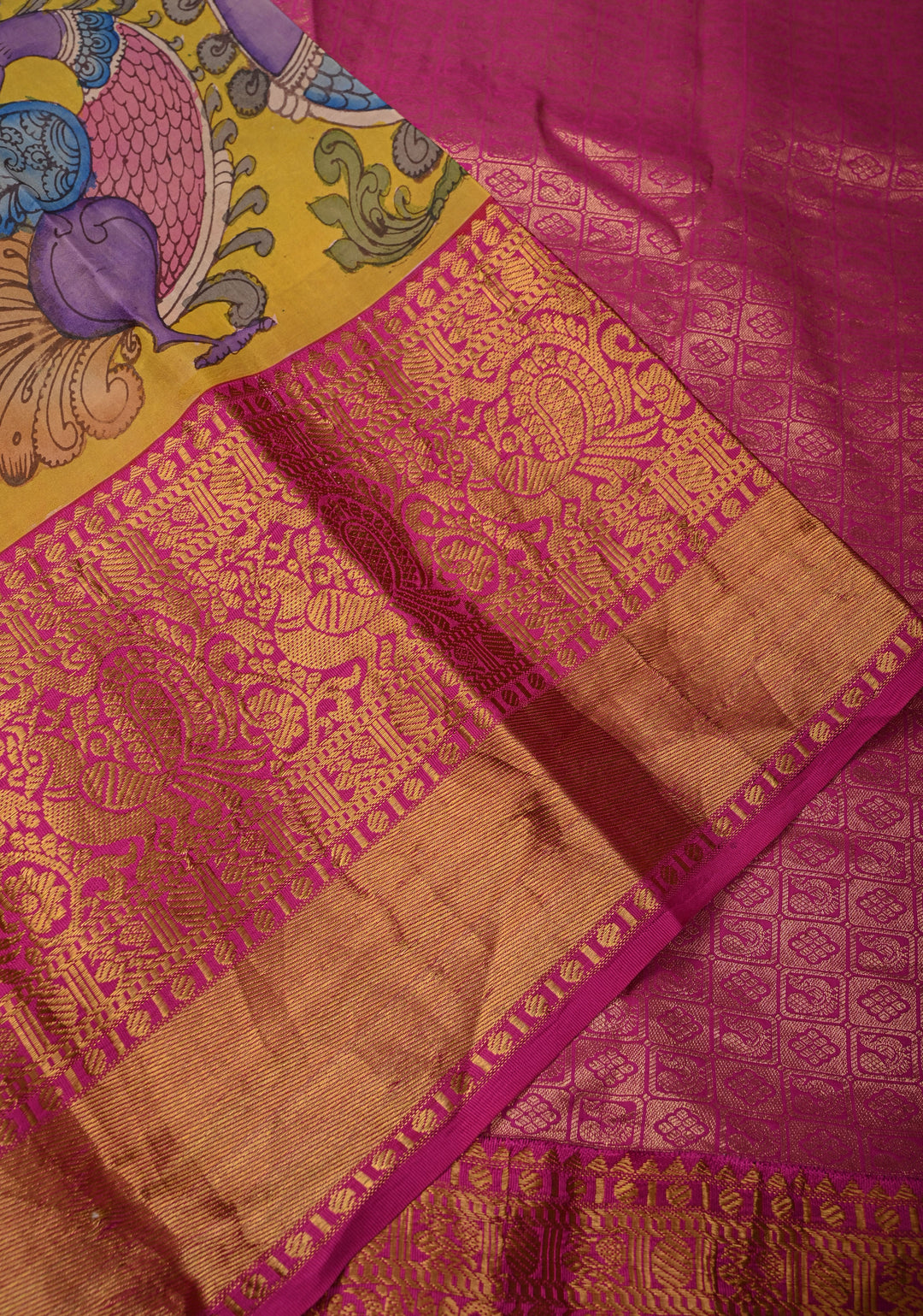 Floral Theme :  Yellow Authentic Pen kalamkari on Kanjivaram Silk Saree with Zari Border | SILK MARK CERTIFIED