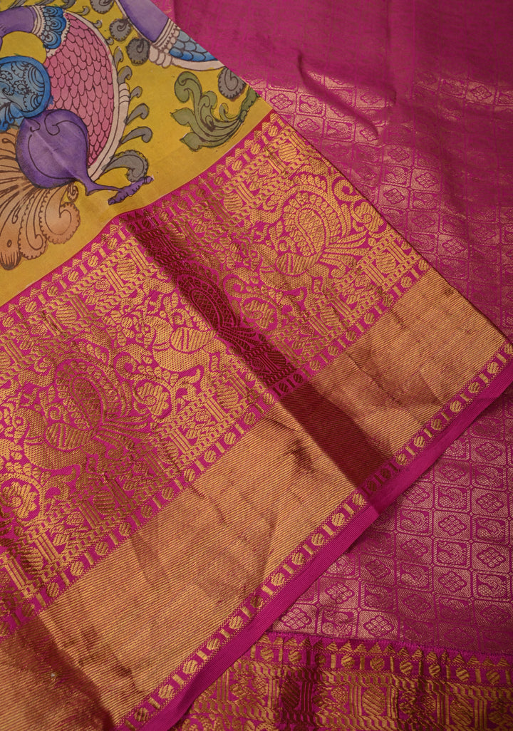 Floral Theme :  Yellow Authentic Pen kalamkari on Kanjivaram Silk Saree with Zari Border | SILK MARK CERTIFIED