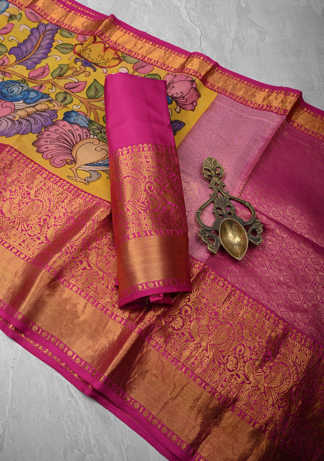 Floral Theme :  Yellow Authentic Pen kalamkari on Kanjivaram Silk Saree with Zari Border | SILK MARK CERTIFIED