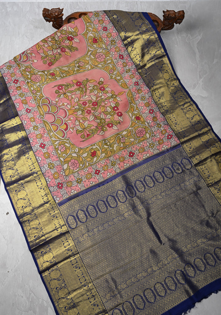 Floral Theme :  Pale Pink Authentic Pen kalamkari on Kanjivaram Silk Saree with Zari Border | SILK MARK CERTIFIED