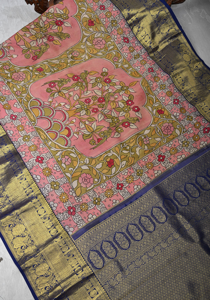 Floral Theme :  Pale Pink Authentic Pen kalamkari on Kanjivaram Silk Saree with Zari Border | SILK MARK CERTIFIED