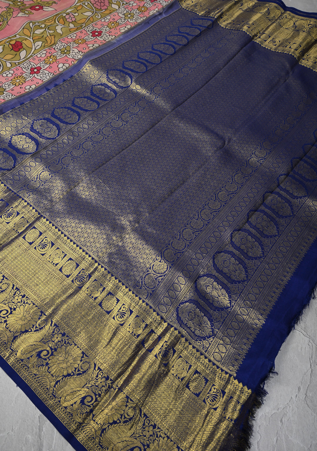 Floral Theme :  Pale Pink Authentic Pen kalamkari on Kanjivaram Silk Saree with Zari Border | SILK MARK CERTIFIED