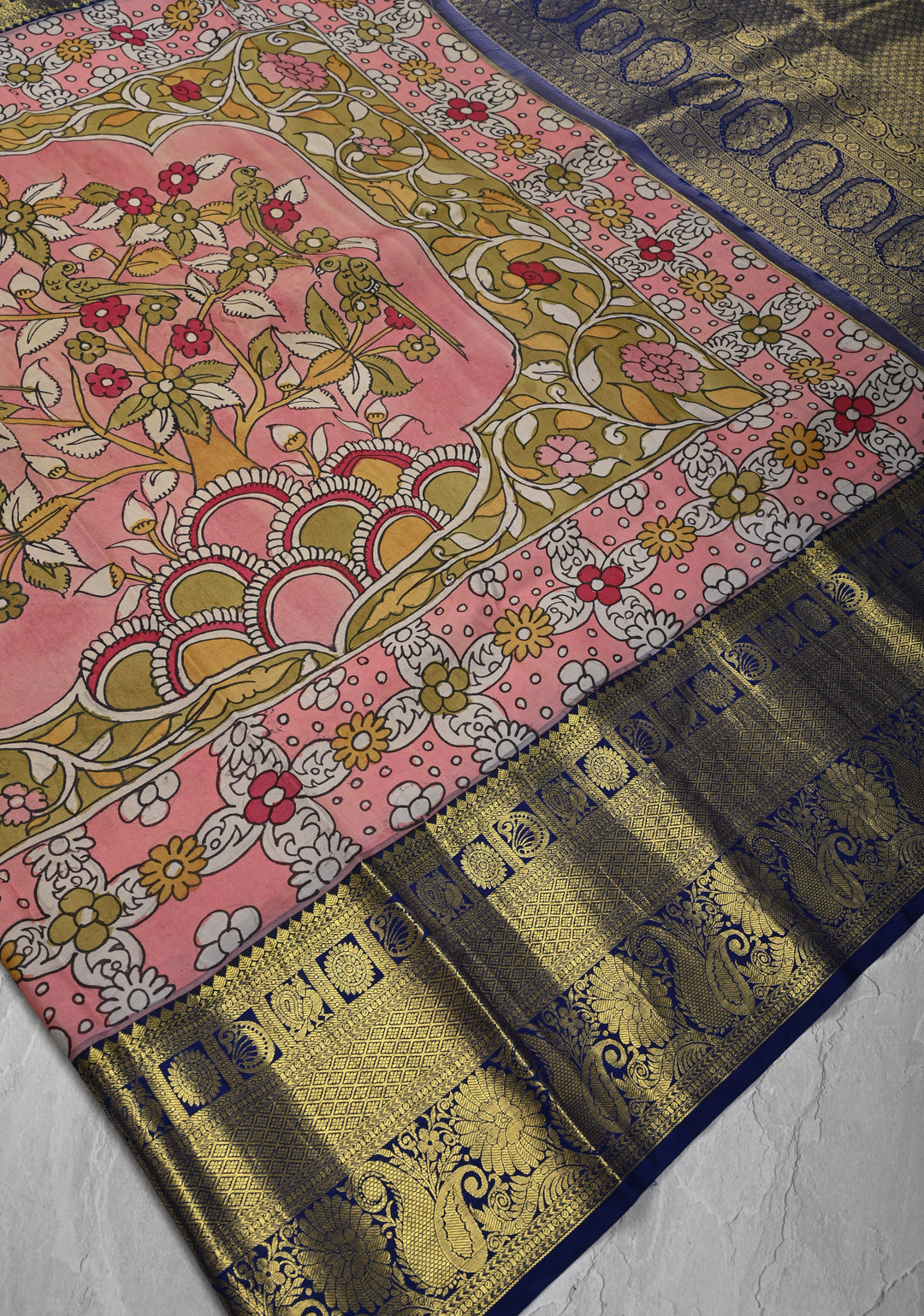 Floral Theme :  Pale Pink Authentic Pen kalamkari on Kanjivaram Silk Saree with Zari Border | SILK MARK CERTIFIED