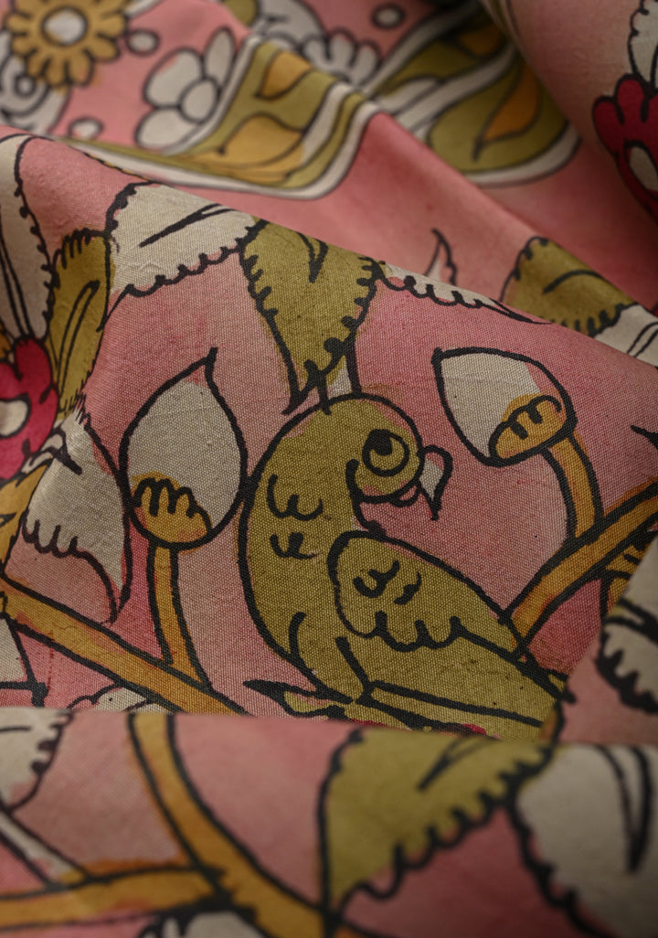 Floral Theme :  Pale Pink Authentic Pen kalamkari on Kanjivaram Silk Saree with Zari Border | SILK MARK CERTIFIED