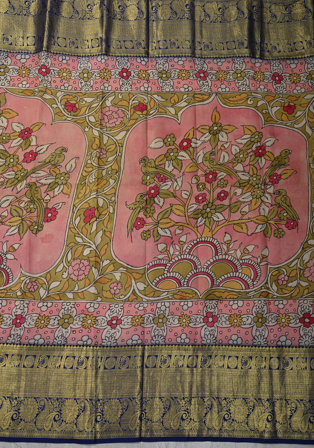 Floral Theme :  Pale Pink Authentic Pen kalamkari on Kanjivaram Silk Saree with Zari Border | SILK MARK CERTIFIED