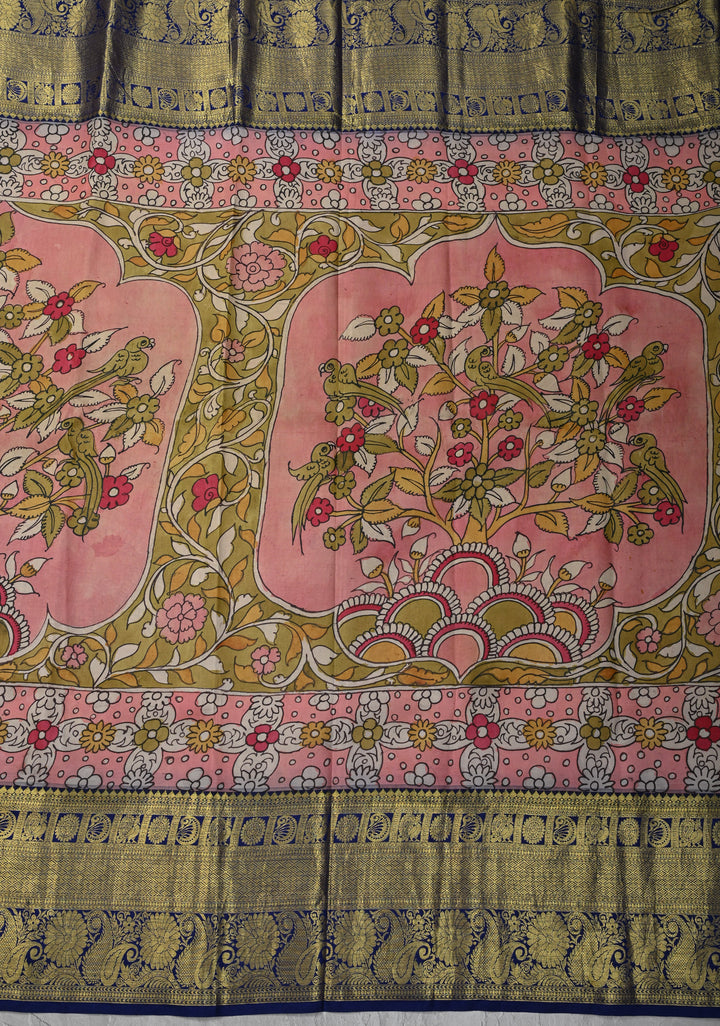 Floral Theme :  Pale Pink Authentic Pen kalamkari on Kanjivaram Silk Saree with Zari Border | SILK MARK CERTIFIED