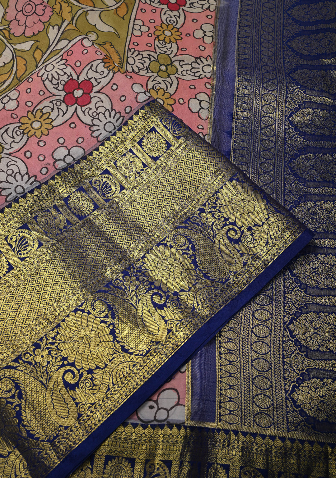Floral Theme :  Pale Pink Authentic Pen kalamkari on Kanjivaram Silk Saree with Zari Border | SILK MARK CERTIFIED