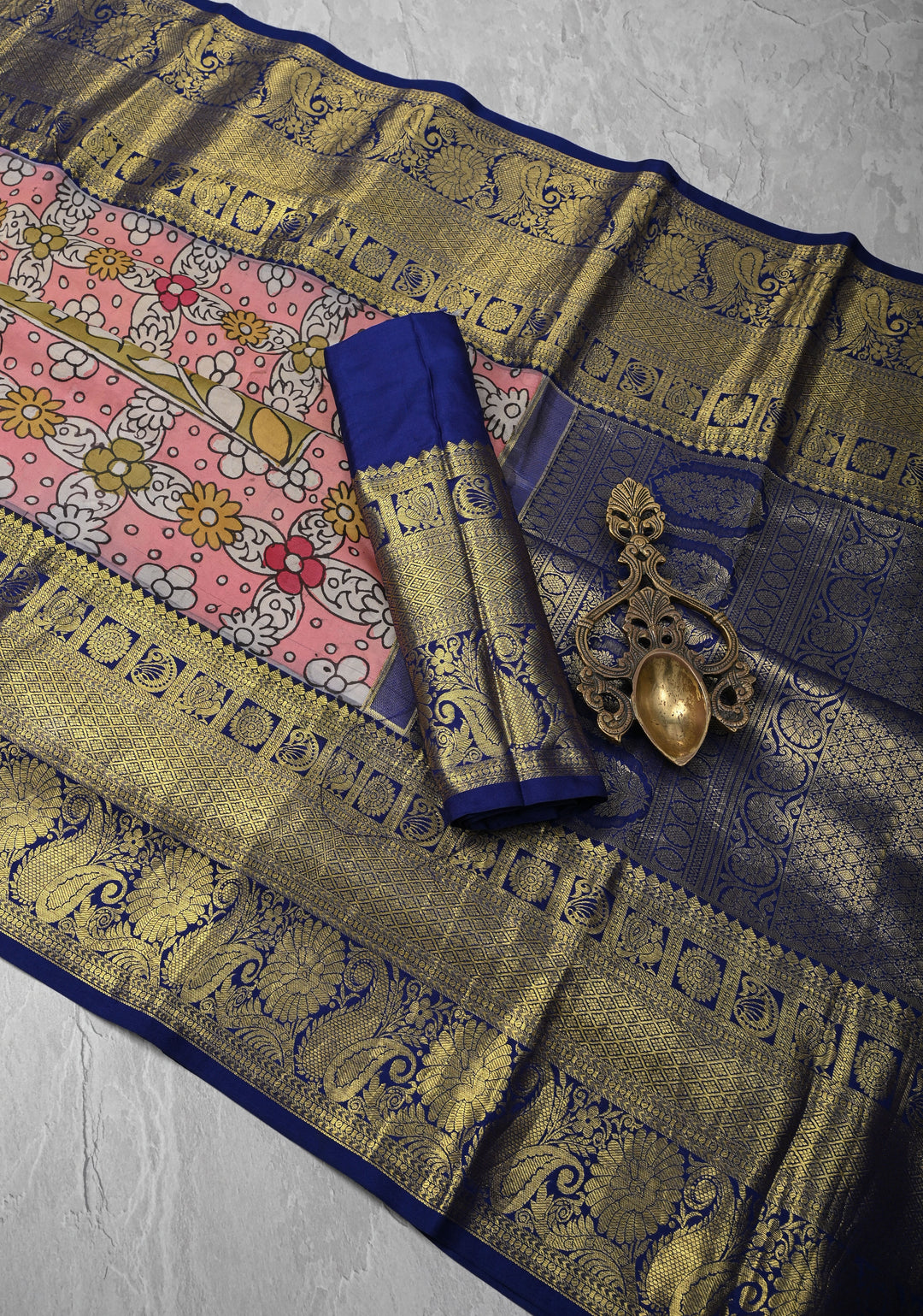 Floral Theme :  Pale Pink Authentic Pen kalamkari on Kanjivaram Silk Saree with Zari Border | SILK MARK CERTIFIED