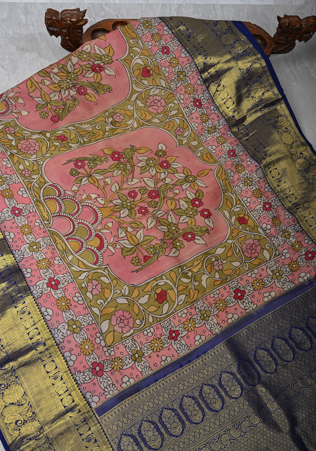 Floral Theme :  Pale Pink Authentic Pen kalamkari on Kanjivaram Silk Saree with Zari Border | SILK MARK CERTIFIED