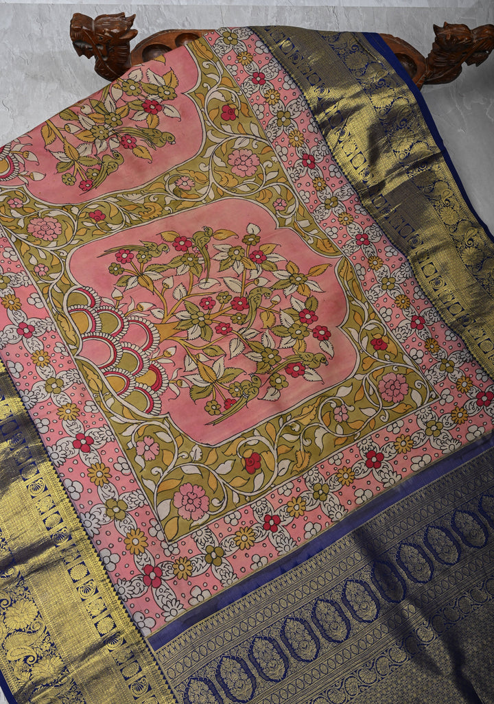 Floral Theme :  Pale Pink Authentic Pen kalamkari on Kanjivaram Silk Saree with Zari Border | SILK MARK CERTIFIED
