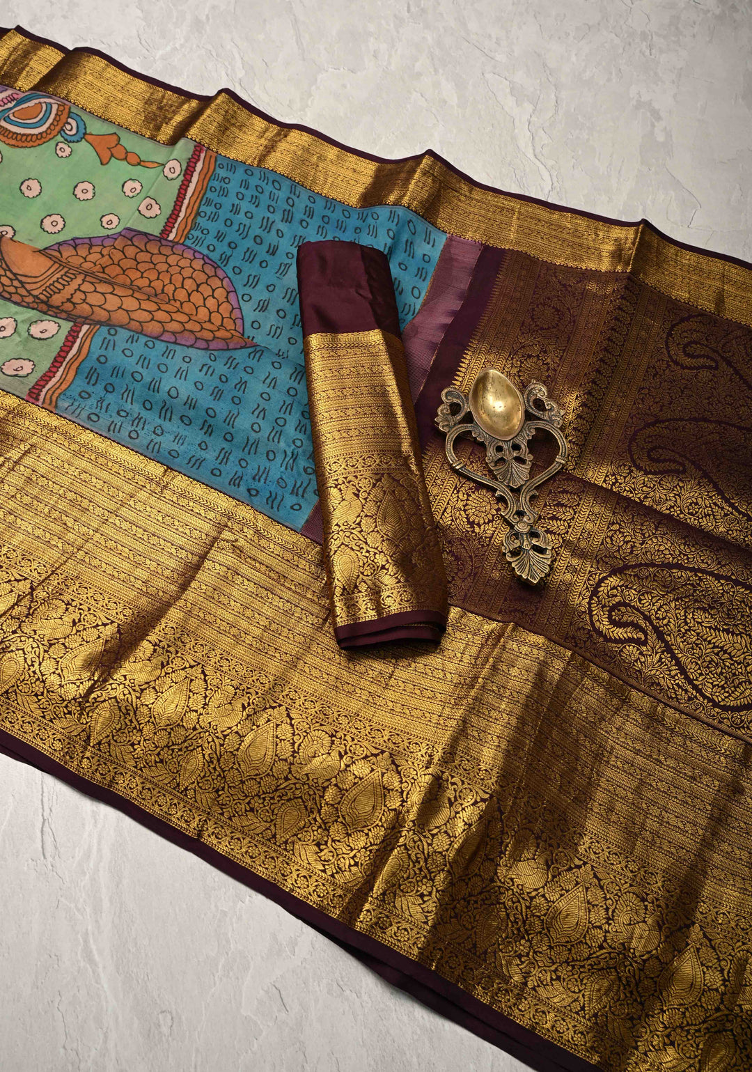 Stunning Lakshmi Narayana Theme : Authentic Pen kalamkari on Pure Kanjivaram Silk Saree With Zari Wide Border | SILK MARK CERTIFIED
