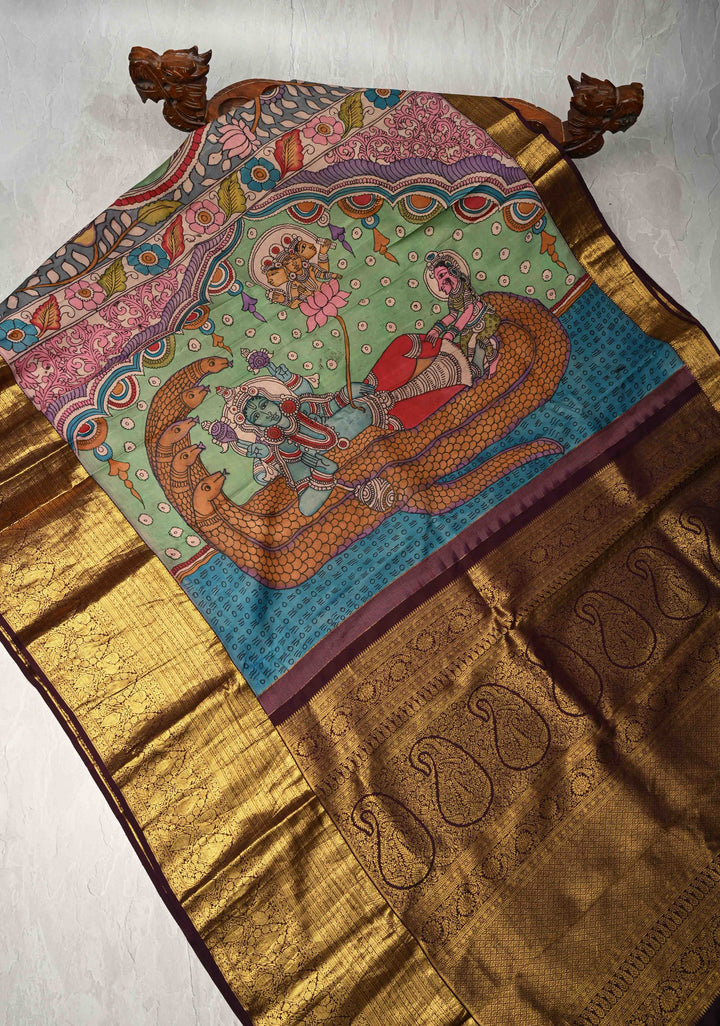 Stunning Lakshmi Narayana Theme : Authentic Pen kalamkari on Pure Kanjivaram Silk Saree With Zari Wide Border | SILK MARK CERTIFIED