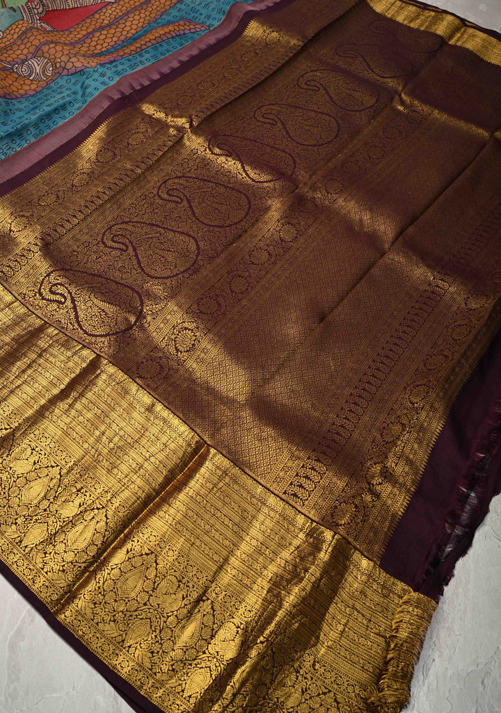 Stunning Lakshmi Narayana Theme : Authentic Pen kalamkari on Pure Kanjivaram Silk Saree With Zari Wide Border | SILK MARK CERTIFIED
