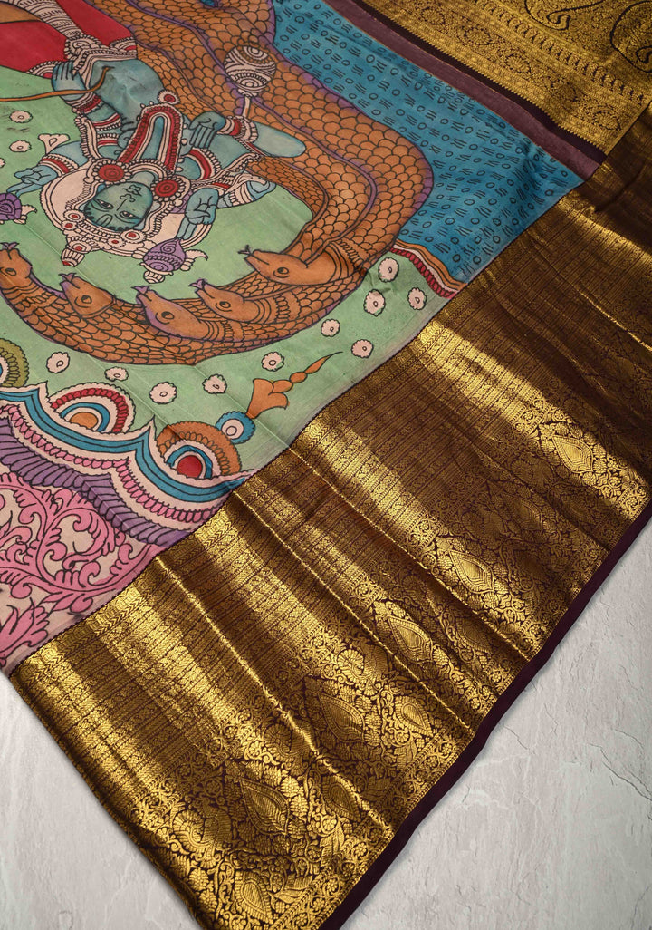 Stunning Lakshmi Narayana Theme : Authentic Pen kalamkari on Pure Kanjivaram Silk Saree With Zari Wide Border | SILK MARK CERTIFIED