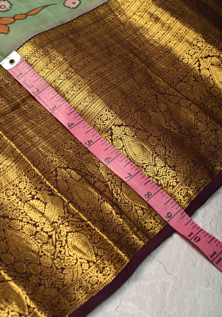 Stunning Lakshmi Narayana Theme : Authentic Pen kalamkari on Pure Kanjivaram Silk Saree With Zari Wide Border | SILK MARK CERTIFIED