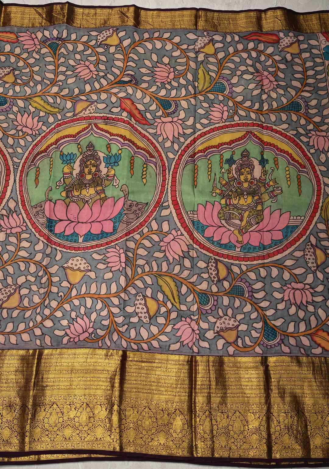 Stunning Lakshmi Narayana Theme : Authentic Pen kalamkari on Pure Kanjivaram Silk Saree With Zari Wide Border | SILK MARK CERTIFIED
