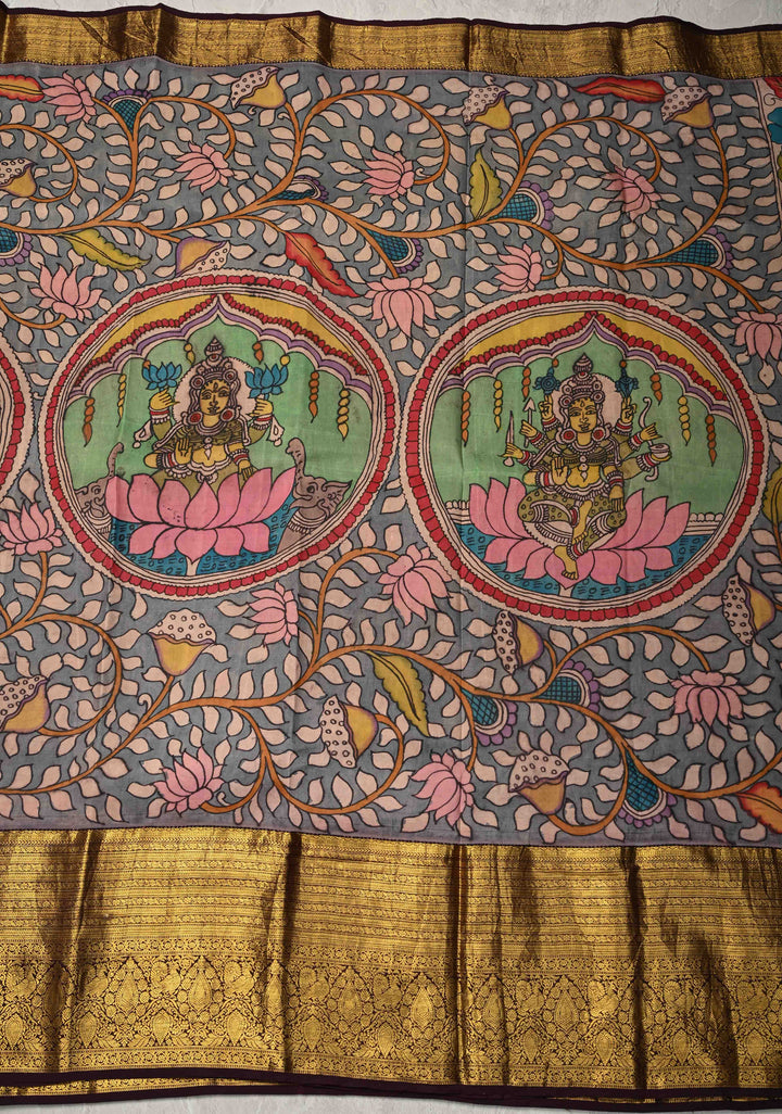 Stunning Lakshmi Narayana Theme : Authentic Pen kalamkari on Pure Kanjivaram Silk Saree With Zari Wide Border | SILK MARK CERTIFIED