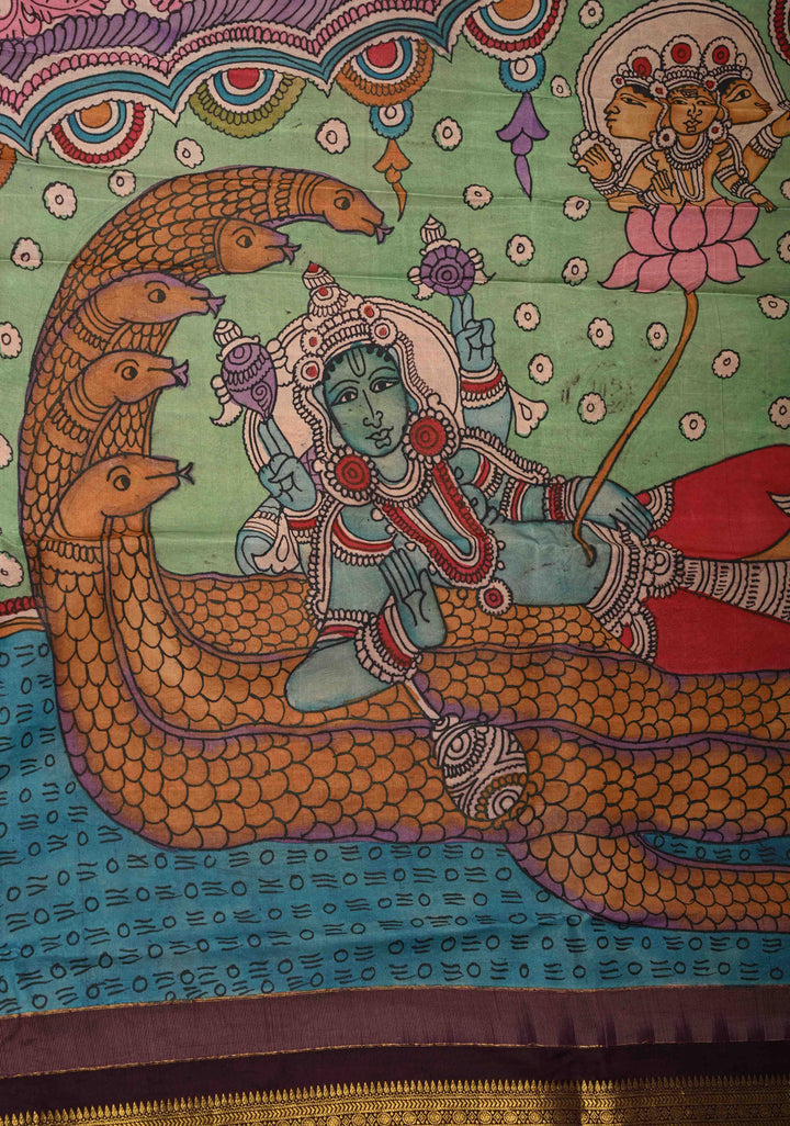 Stunning Lakshmi Narayana Theme : Authentic Pen kalamkari on Pure Kanjivaram Silk Saree With Zari Wide Border | SILK MARK CERTIFIED