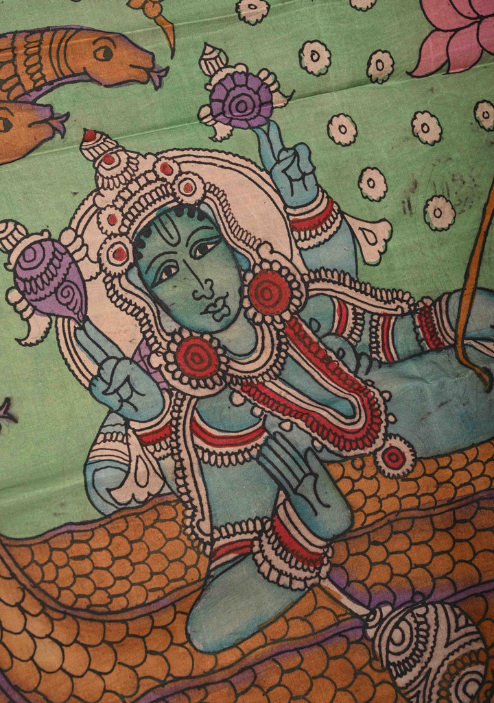 Stunning Lakshmi Narayana Theme : Authentic Pen kalamkari on Pure Kanjivaram Silk Saree With Zari Wide Border | SILK MARK CERTIFIED