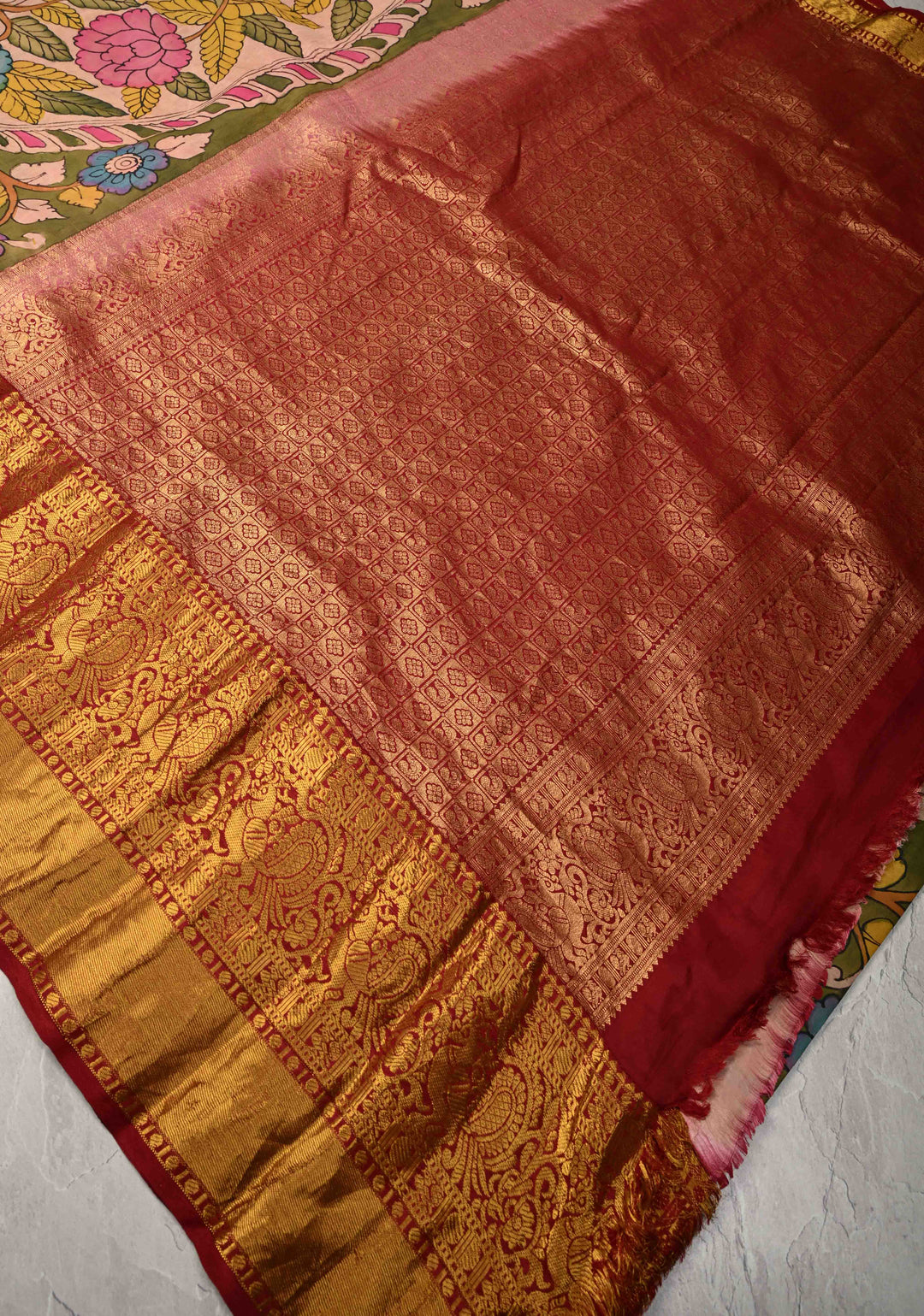 Floral and Mandala Theme : Olive Green Authentic Pen Kalamkari on Pure Kanjivaram Silk Saree with Wide Zari Border | SILK MARK CERTIFIED