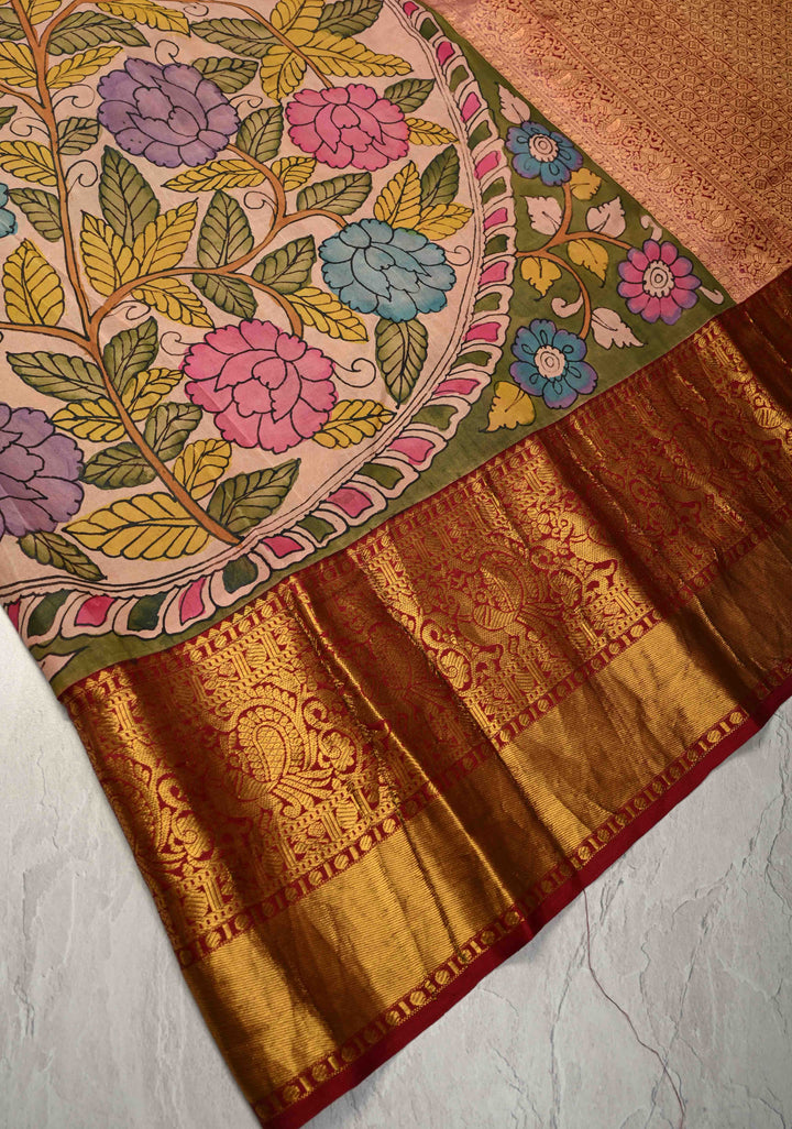Floral and Mandala Theme : Olive Green Authentic Pen Kalamkari on Pure Kanjivaram Silk Saree with Wide Zari Border | SILK MARK CERTIFIED
