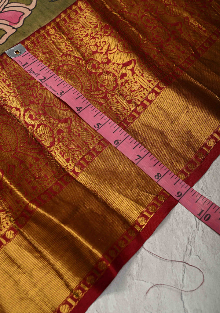 Floral and Mandala Theme : Olive Green Authentic Pen Kalamkari on Pure Kanjivaram Silk Saree with Wide Zari Border | SILK MARK CERTIFIED