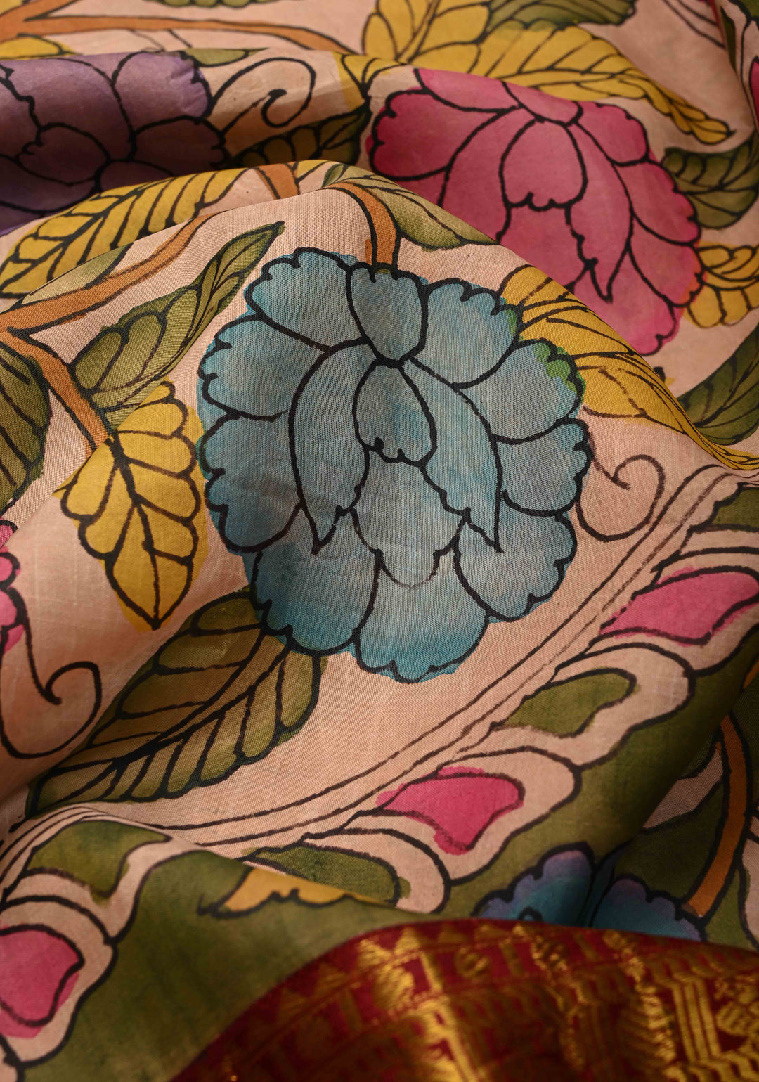Floral and Mandala Theme : Olive Green Authentic Pen Kalamkari on Pure Kanjivaram Silk Saree with Wide Zari Border | SILK MARK CERTIFIED