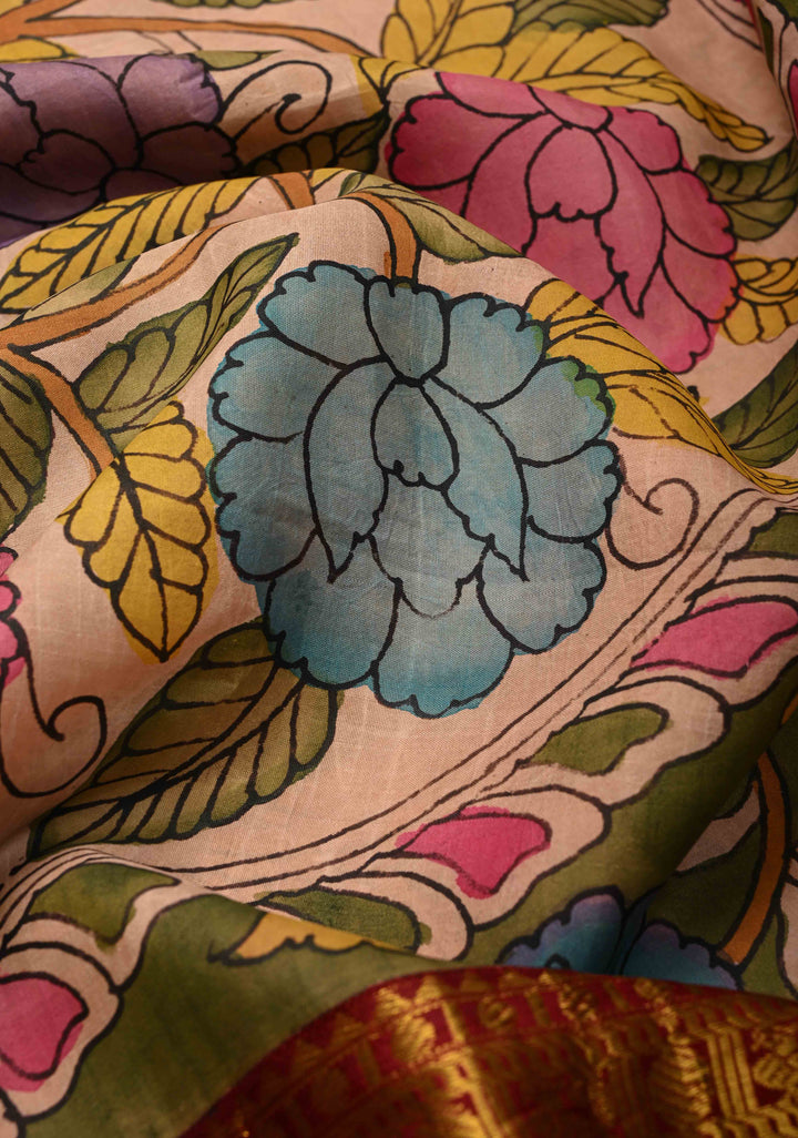 Floral and Mandala Theme : Olive Green Authentic Pen Kalamkari on Pure Kanjivaram Silk Saree with Wide Zari Border | SILK MARK CERTIFIED