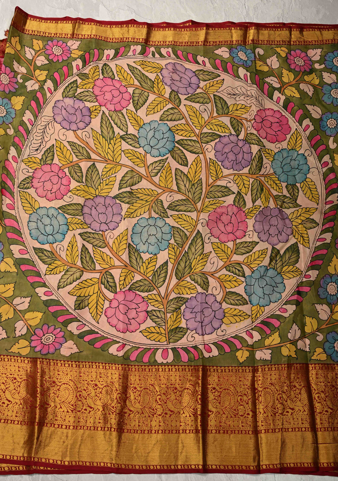 Floral and Mandala Theme : Olive Green Authentic Pen Kalamkari on Pure Kanjivaram Silk Saree with Wide Zari Border | SILK MARK CERTIFIED