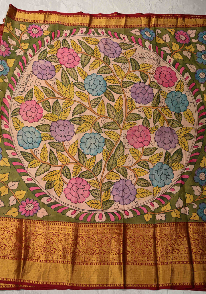 Floral and Mandala Theme : Olive Green Authentic Pen Kalamkari on Pure Kanjivaram Silk Saree with Wide Zari Border | SILK MARK CERTIFIED