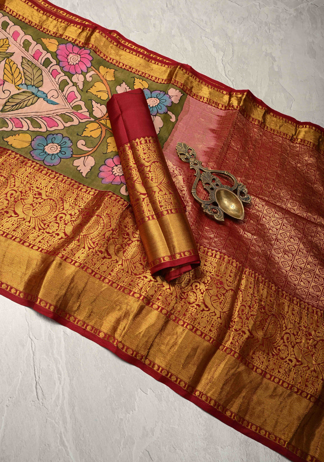 Floral and Mandala Theme : Olive Green Authentic Pen Kalamkari on Pure Kanjivaram Silk Saree with Wide Zari Border | SILK MARK CERTIFIED