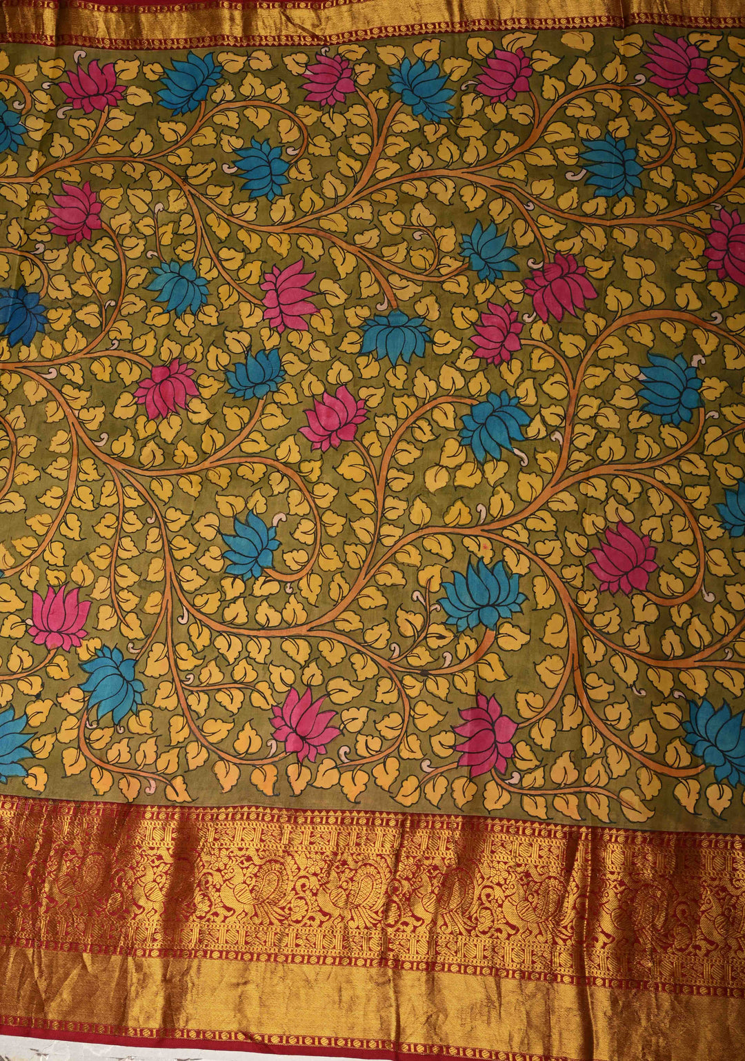 Ajanta Caves Authentic Pen Kalamkari on Pure Kanjivaram Silk Saree with Wide Zari Border | SILK MARK CERTIFIED