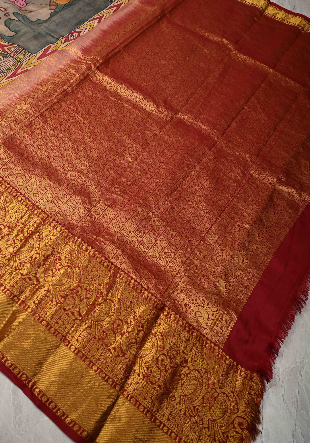 Ajanta Caves Authentic Pen Kalamkari on Pure Kanjivaram Silk Saree with Wide Zari Border | SILK MARK CERTIFIED