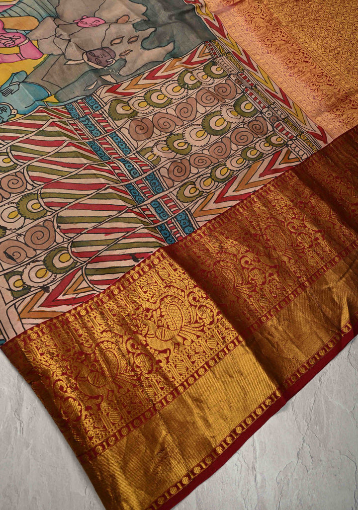 Ajanta Caves Authentic Pen Kalamkari on Pure Kanjivaram Silk Saree with Wide Zari Border | SILK MARK CERTIFIED