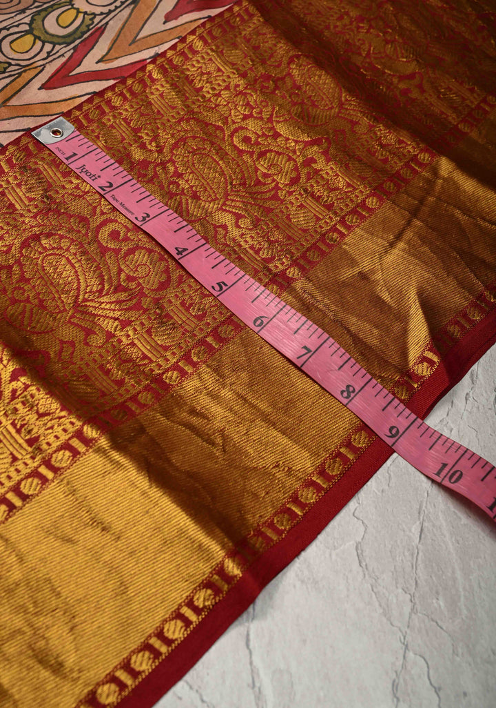 Ajanta Caves Authentic Pen Kalamkari on Pure Kanjivaram Silk Saree with Wide Zari Border | SILK MARK CERTIFIED