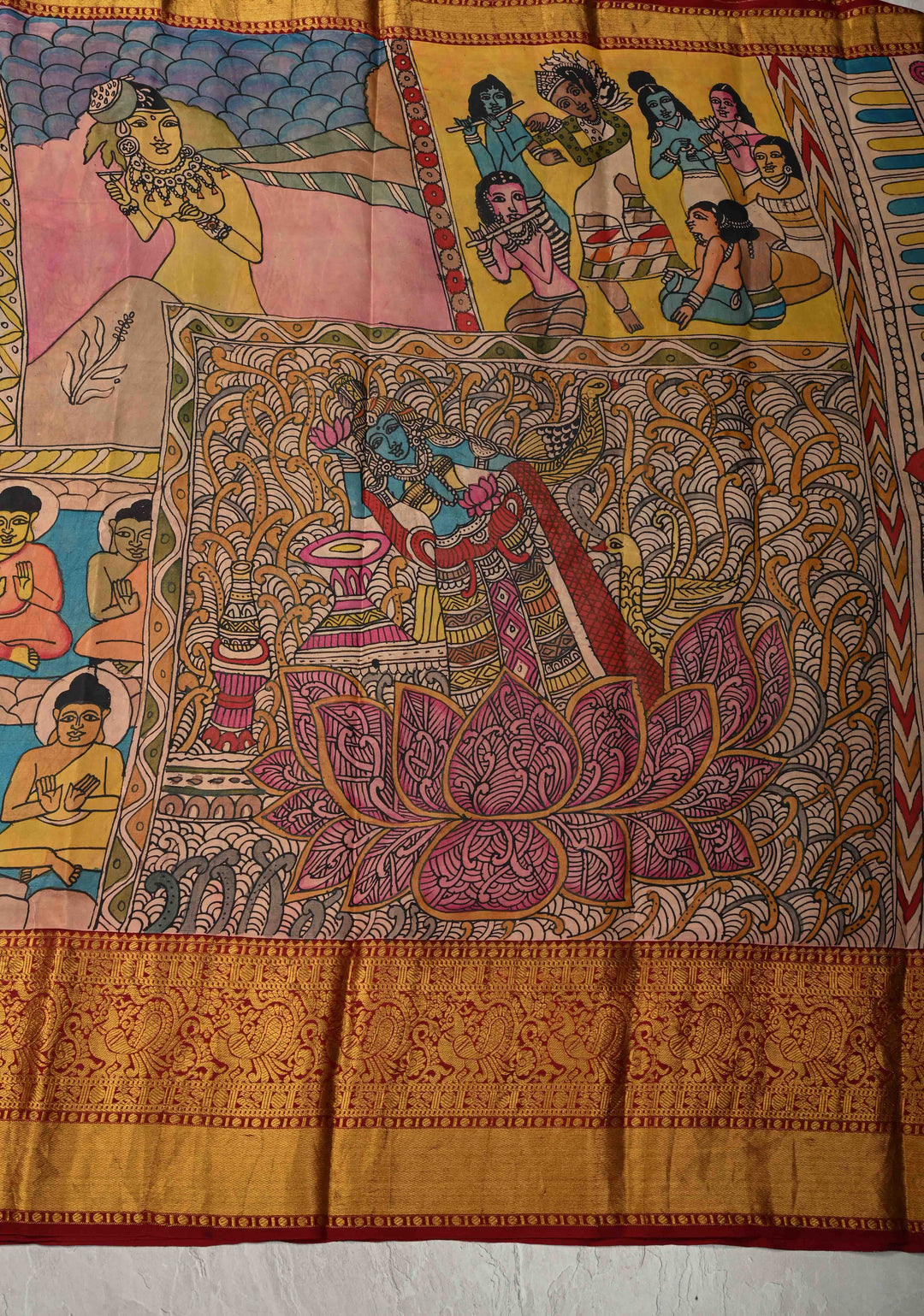 Ajanta Caves Authentic Pen Kalamkari on Pure Kanjivaram Silk Saree with Wide Zari Border | SILK MARK CERTIFIED