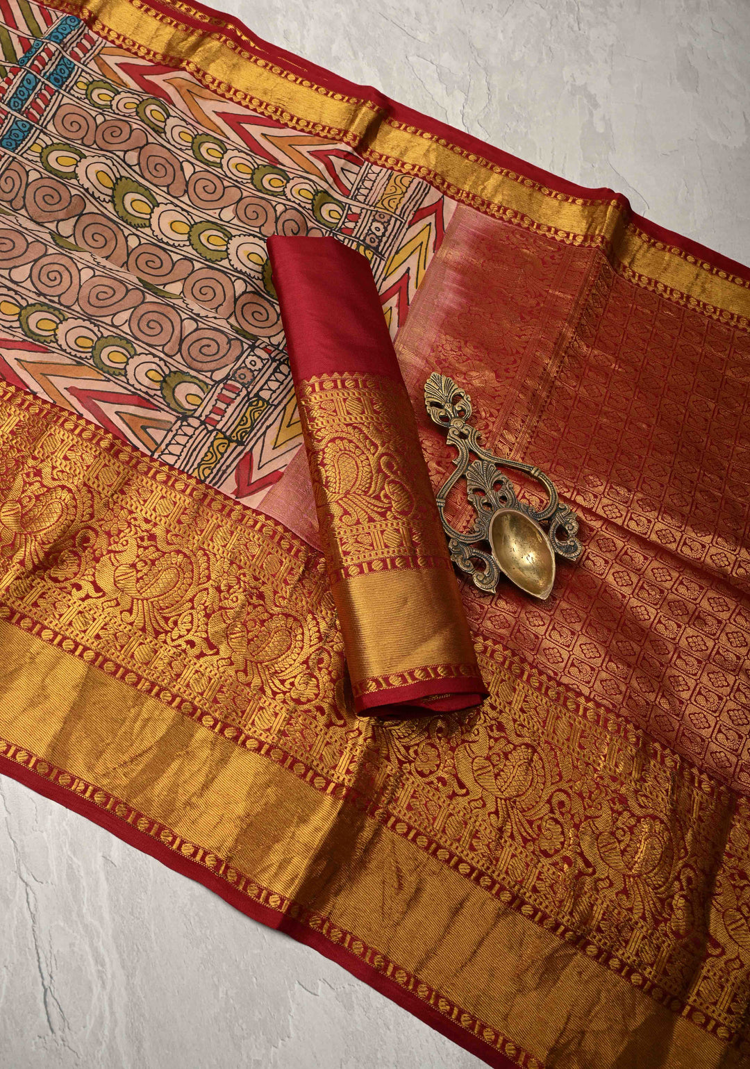 Ajanta Caves Authentic Pen Kalamkari on Pure Kanjivaram Silk Saree with Wide Zari Border | SILK MARK CERTIFIED