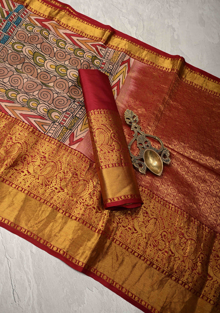 Ajanta Caves Authentic Pen Kalamkari on Pure Kanjivaram Silk Saree with Wide Zari Border | SILK MARK CERTIFIED