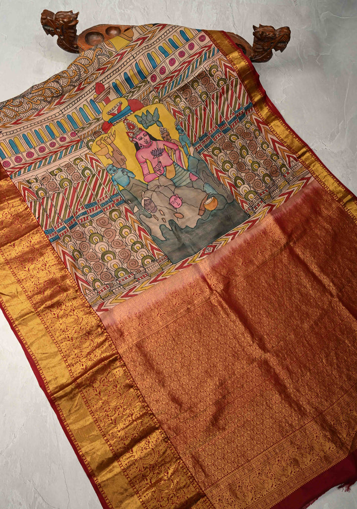 Ajanta Caves Authentic Pen Kalamkari on Pure Kanjivaram Silk Saree with Wide Zari Border | SILK MARK CERTIFIED