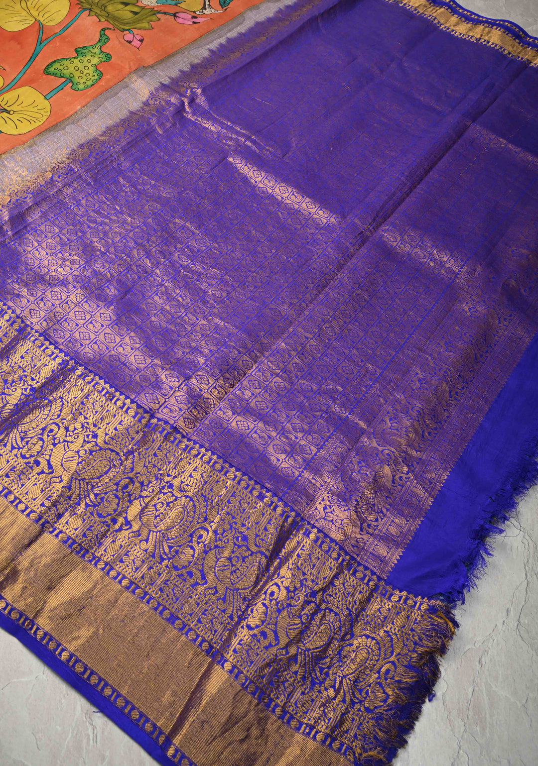 Balakrishna Pichwai Theme : Rust Orange Authentic Pen Kalamkari on Pure Kanjivaram Silk Saree with Wide Zari Border | SILK MARK CERTIFIED