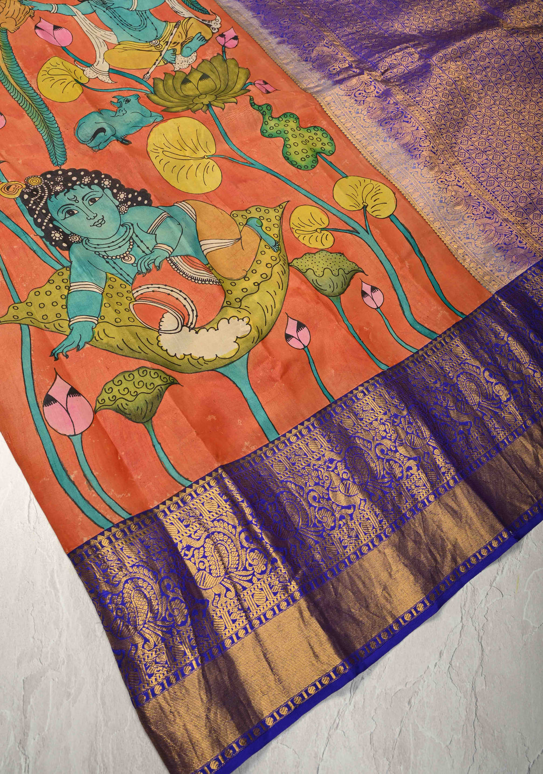 Balakrishna Pichwai Theme : Rust Orange Authentic Pen Kalamkari on Pure Kanjivaram Silk Saree with Wide Zari Border | SILK MARK CERTIFIED