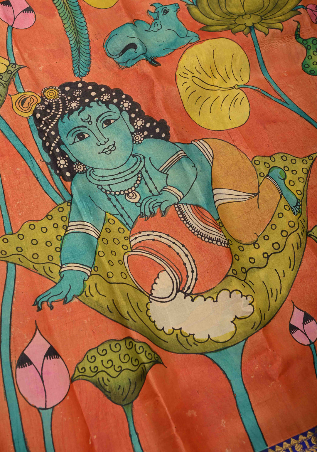 Balakrishna Pichwai Theme : Rust Orange Authentic Pen Kalamkari on Pure Kanjivaram Silk Saree with Wide Zari Border | SILK MARK CERTIFIED