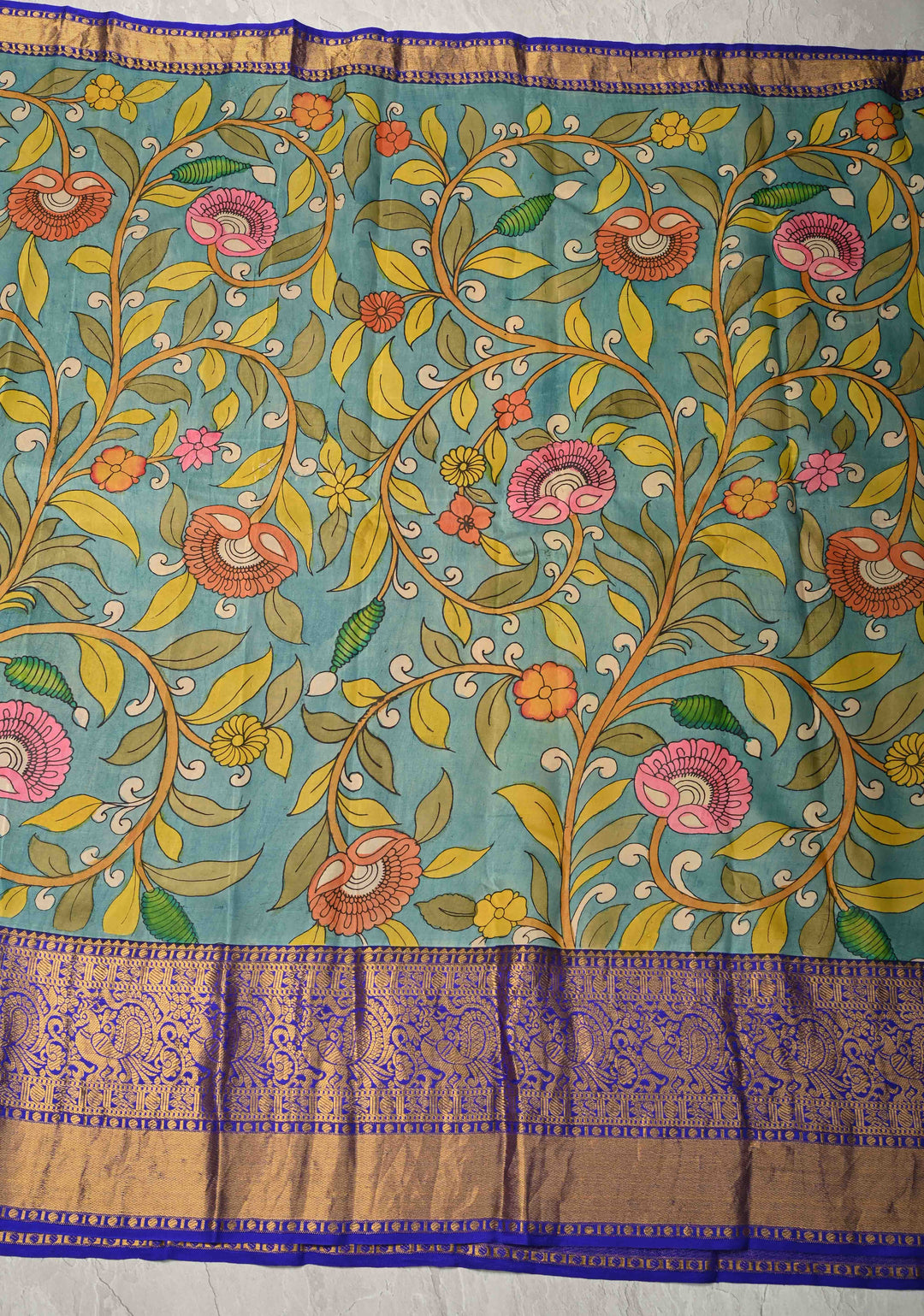 Balakrishna Pichwai Theme : Rust Orange Authentic Pen Kalamkari on Pure Kanjivaram Silk Saree with Wide Zari Border | SILK MARK CERTIFIED