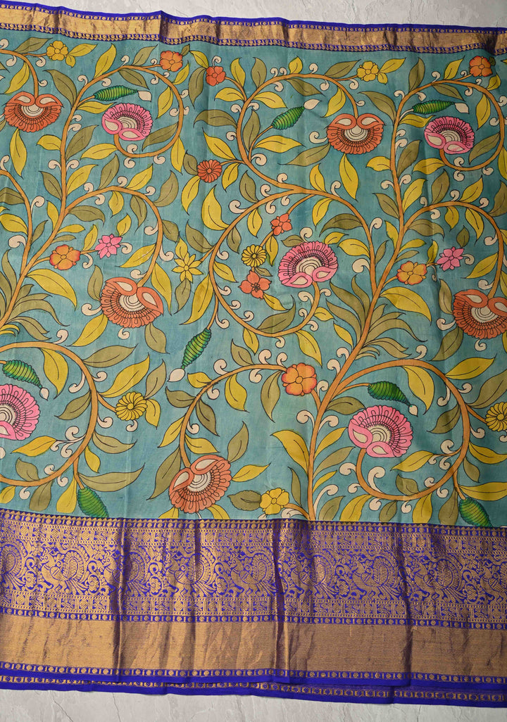 Balakrishna Pichwai Theme : Rust Orange Authentic Pen Kalamkari on Pure Kanjivaram Silk Saree with Wide Zari Border | SILK MARK CERTIFIED