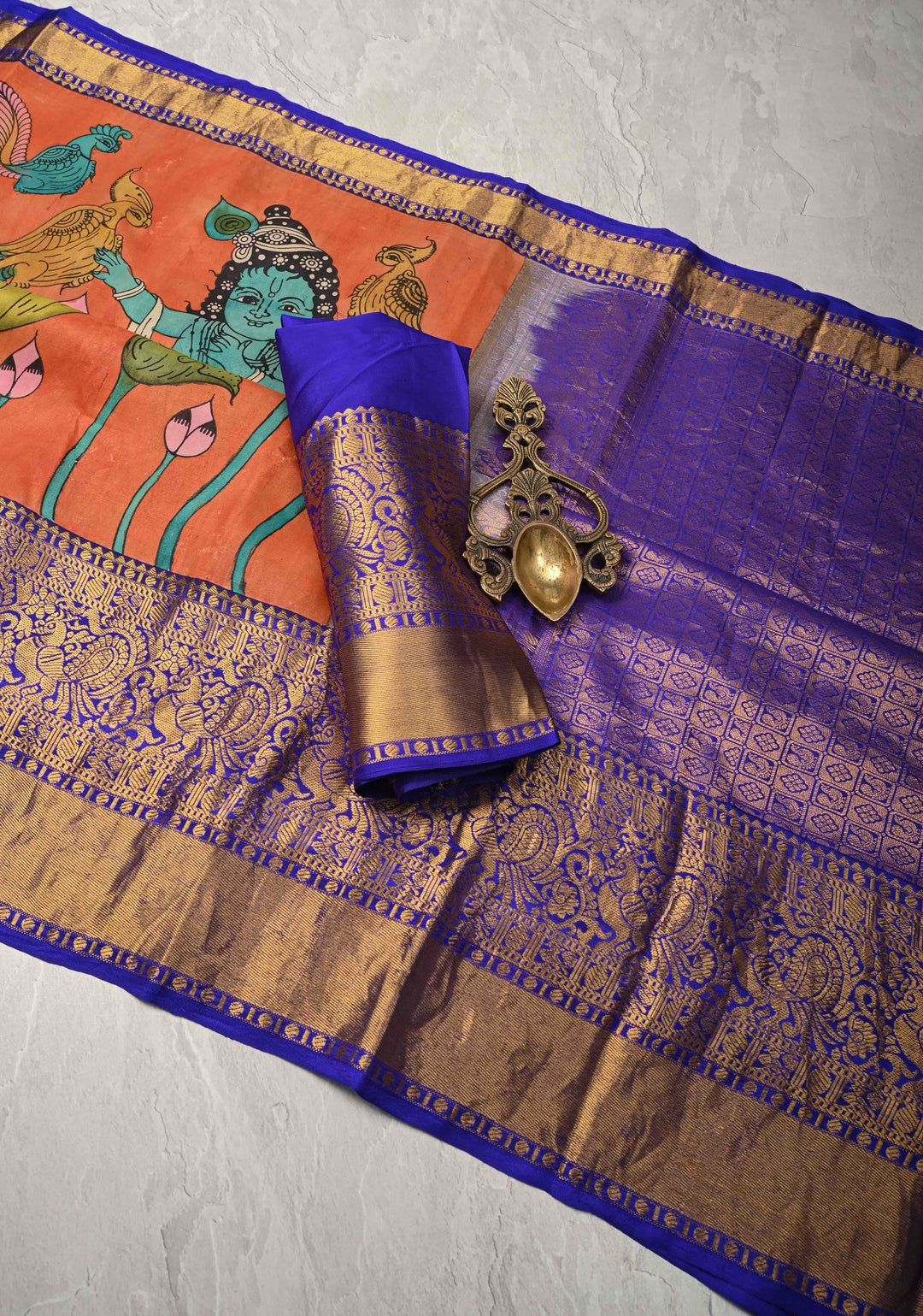 Balakrishna Pichwai Theme : Rust Orange Authentic Pen Kalamkari on Pure Kanjivaram Silk Saree with Wide Zari Border | SILK MARK CERTIFIED