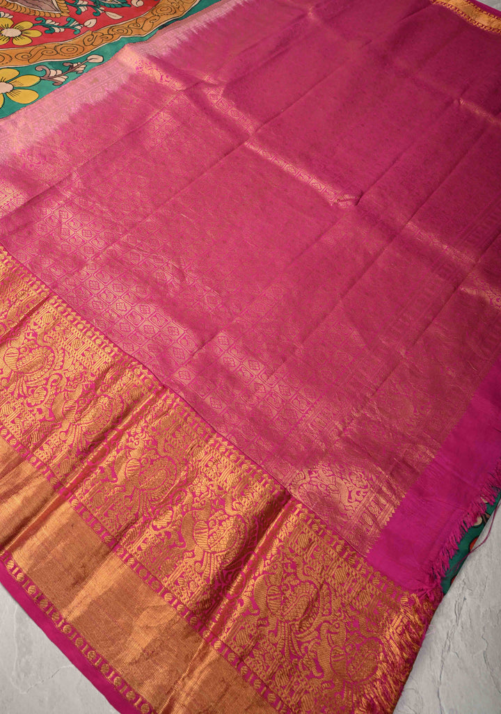 Floral-Peacock in Extra Large Mandala Theme : Rama Green Authentic Pen Kalamkari on Pure Kanjivaram Silk Saree with Wide Kanjivaram Pink Border | SILK MARK CERTIFIED