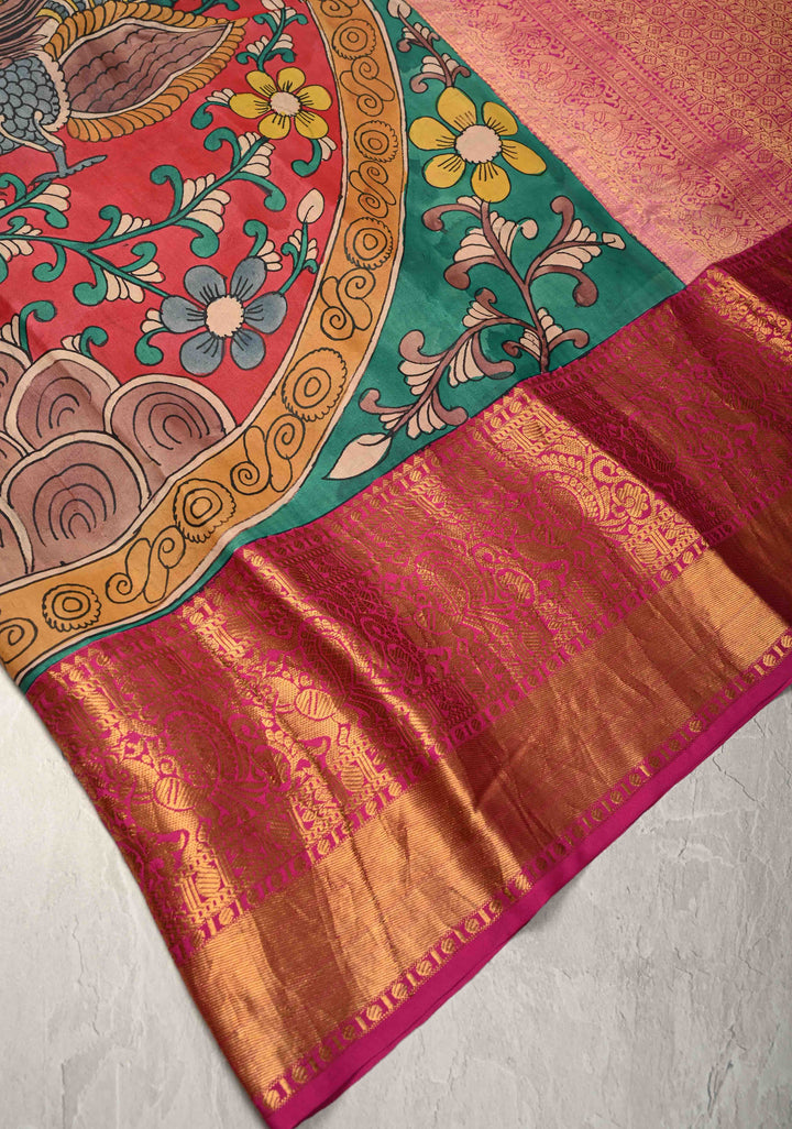 Floral-Peacock in Extra Large Mandala Theme : Rama Green Authentic Pen Kalamkari on Pure Kanjivaram Silk Saree with Wide Kanjivaram Pink Border | SILK MARK CERTIFIED