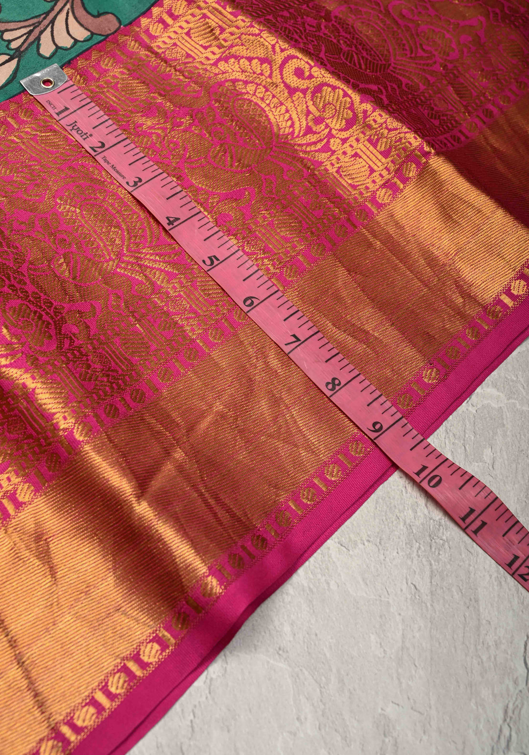 Floral-Peacock in Extra Large Mandala Theme : Rama Green Authentic Pen Kalamkari on Pure Kanjivaram Silk Saree with Wide Kanjivaram Pink Border | SILK MARK CERTIFIED