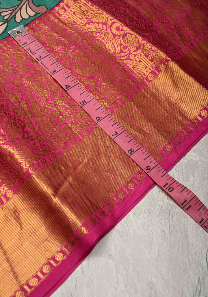 Floral-Peacock in Extra Large Mandala Theme : Rama Green Authentic Pen Kalamkari on Pure Kanjivaram Silk Saree with Wide Kanjivaram Pink Border | SILK MARK CERTIFIED
