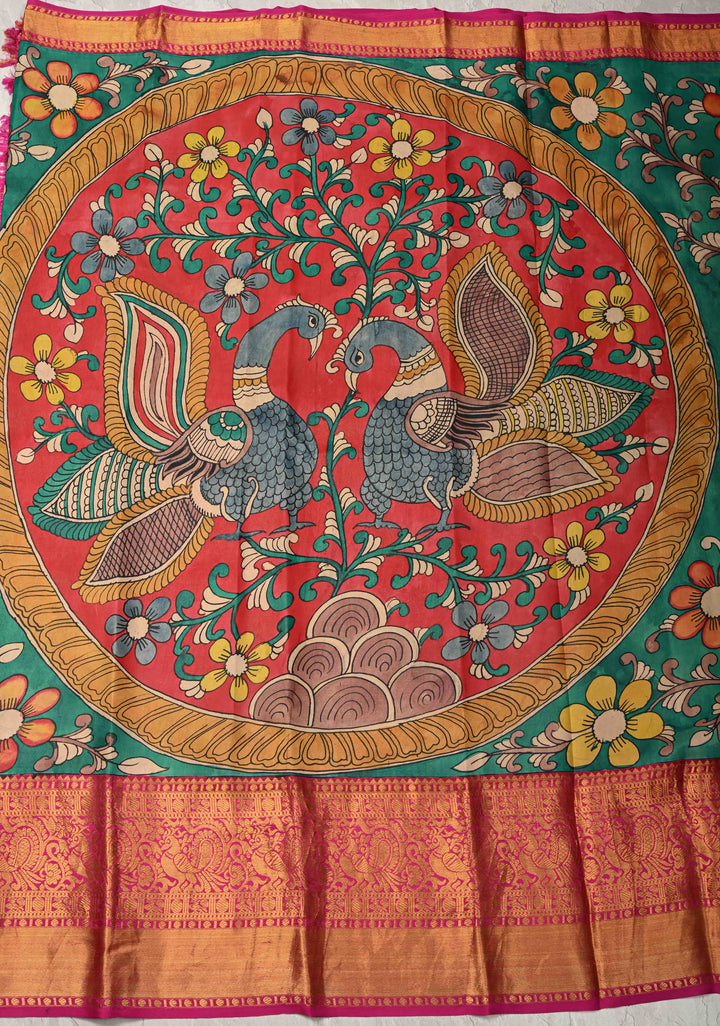 Floral-Peacock in Extra Large Mandala Theme : Rama Green Authentic Pen Kalamkari on Pure Kanjivaram Silk Saree with Wide Kanjivaram Pink Border | SILK MARK CERTIFIED